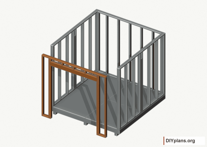 Assemble and raise the front wall. Current components orange; earlier work gray. Movement.