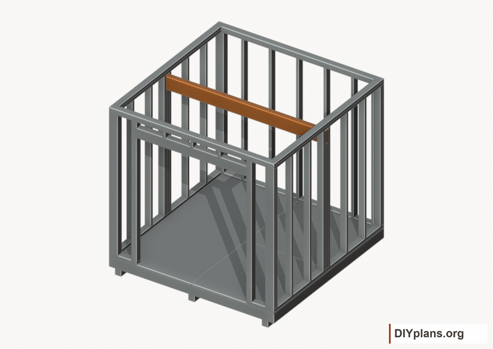 Seat the wall-supported loft beam. Current components orange; earlier work gray.