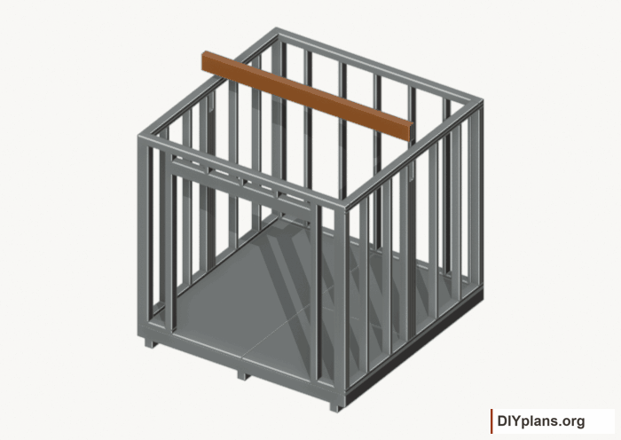 Seat the wall-supported loft beam. Current components orange; earlier work gray. Movement.