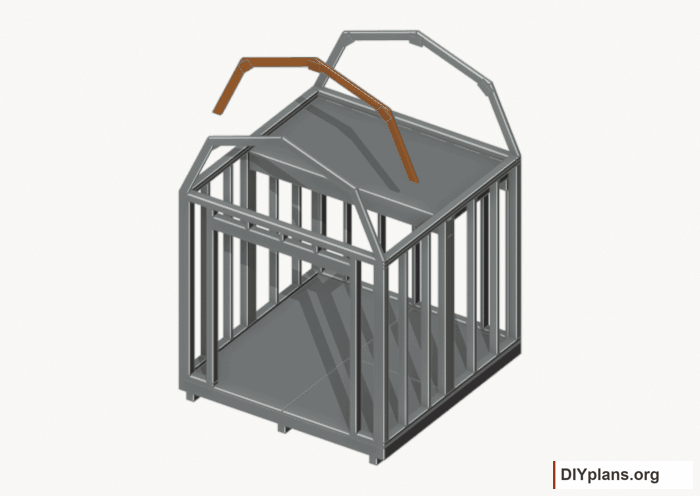 Raise the intermediate 1 roof frame. Current components orange; earlier work gray. Movement.