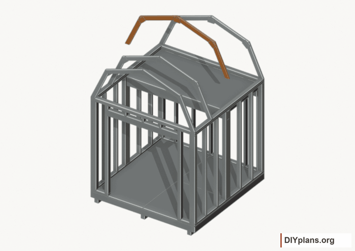 Raise the intermediate 2 roof frame. Current components orange; earlier work gray. Movement.