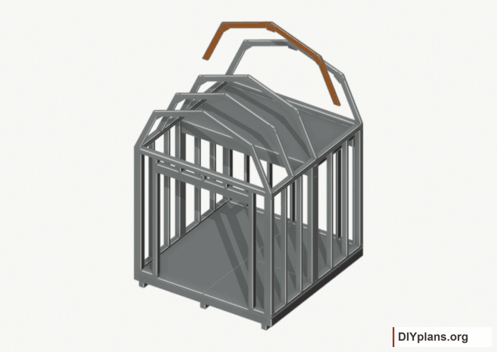 Raise the intermediate 3 roof frame. Current components orange; earlier work gray. Movement.