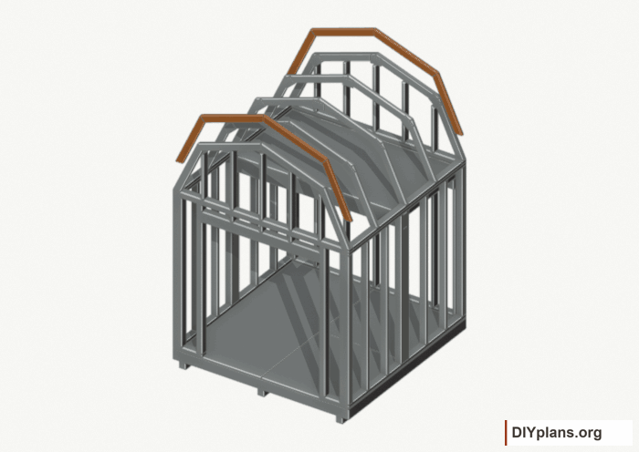 Fit the inner end rafters. Current components orange; earlier work gray. Movement.