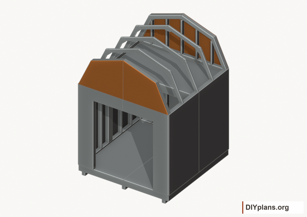 Fit the gable siding panels. Current components orange; earlier work gray.