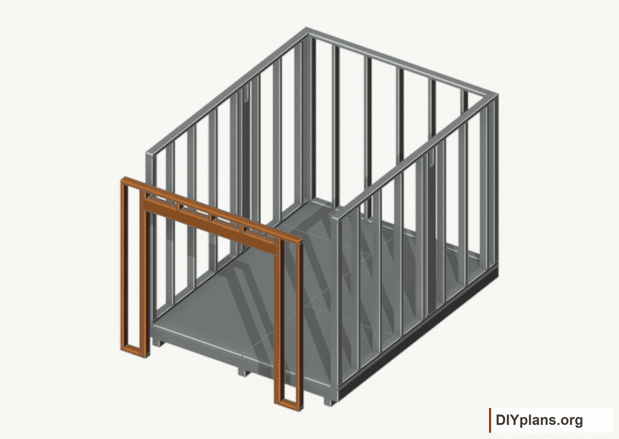 Assemble and raise the front wall. Current components orange; earlier work gray. Movement.