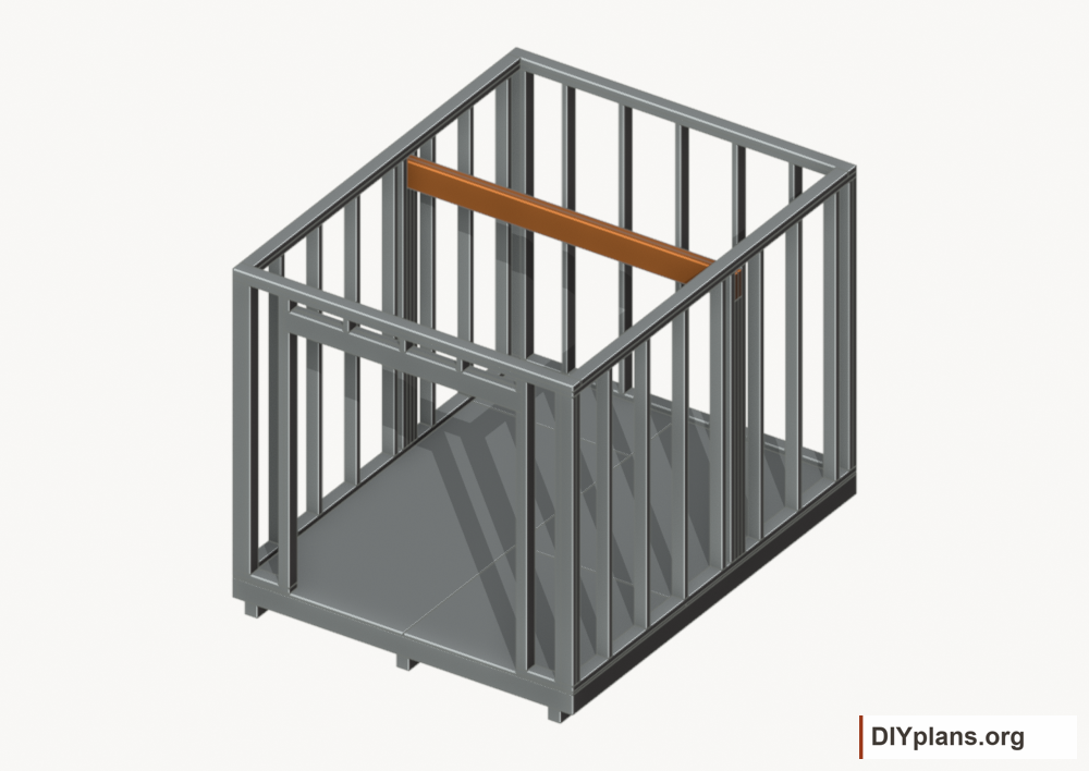 Seat the wall-supported loft beam. Current components orange; earlier work gray.