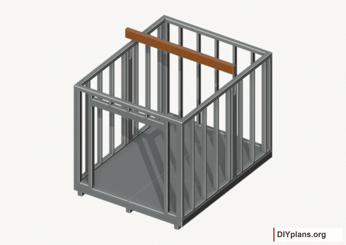 Seat the wall-supported loft beam. Current components orange; earlier work gray. Movement.
