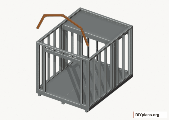 Raise the front end roof frame. Current components orange; earlier work gray. Movement.