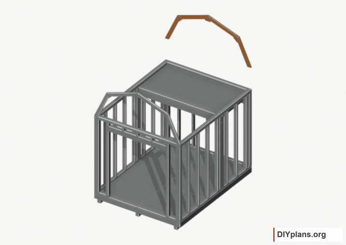 Raise the rear end roof frame. Current components orange; earlier work gray. Movement.