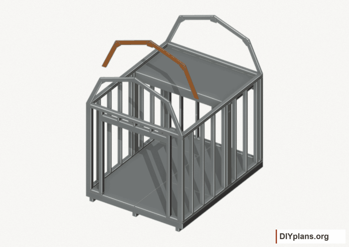 Raise the intermediate 1 roof frame. Current components orange; earlier work gray. Movement.