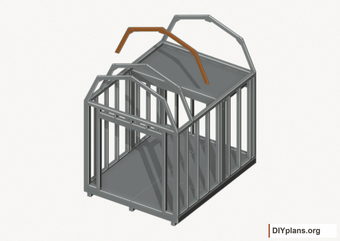 Raise the intermediate 2 roof frame. Current components orange; earlier work gray. Movement.