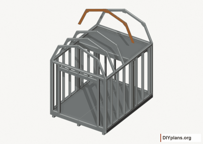 Raise the intermediate 3 roof frame. Current components orange; earlier work gray. Movement.