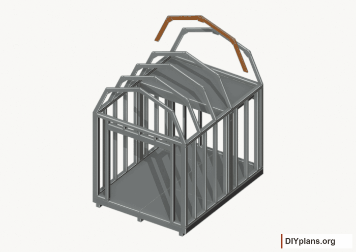 Raise the intermediate 4 roof frame. Current components orange; earlier work gray. Movement.