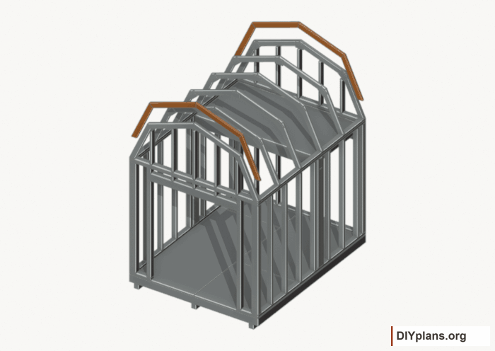 Fit the inner end rafters. Current components orange; earlier work gray. Movement.
