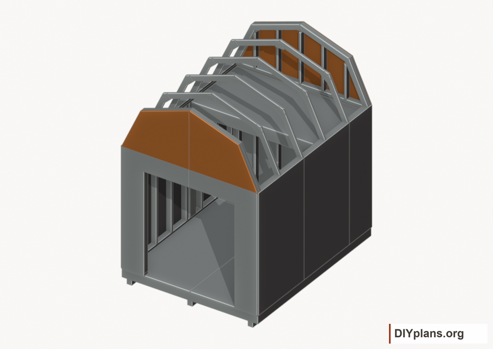 Fit the gable siding panels. Current components orange; earlier work gray.