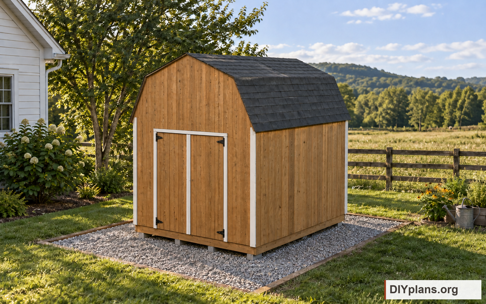 The 10 x 12 ft gambrel shed on a gravel pad beside a farmhouse. AI Generated from CAD files for inspiration
