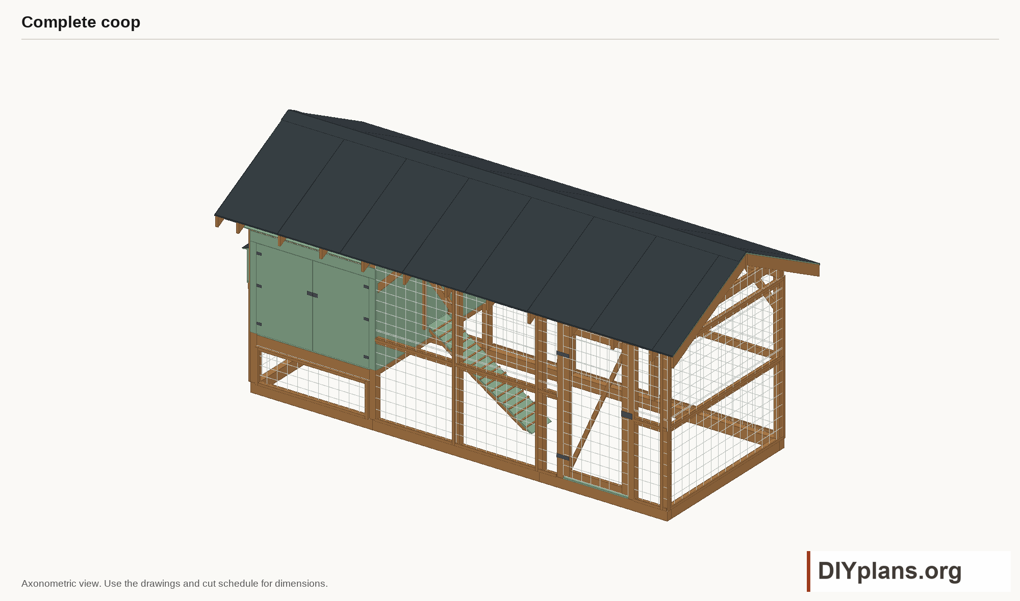 Completed coop with raised henhouse and covered run.