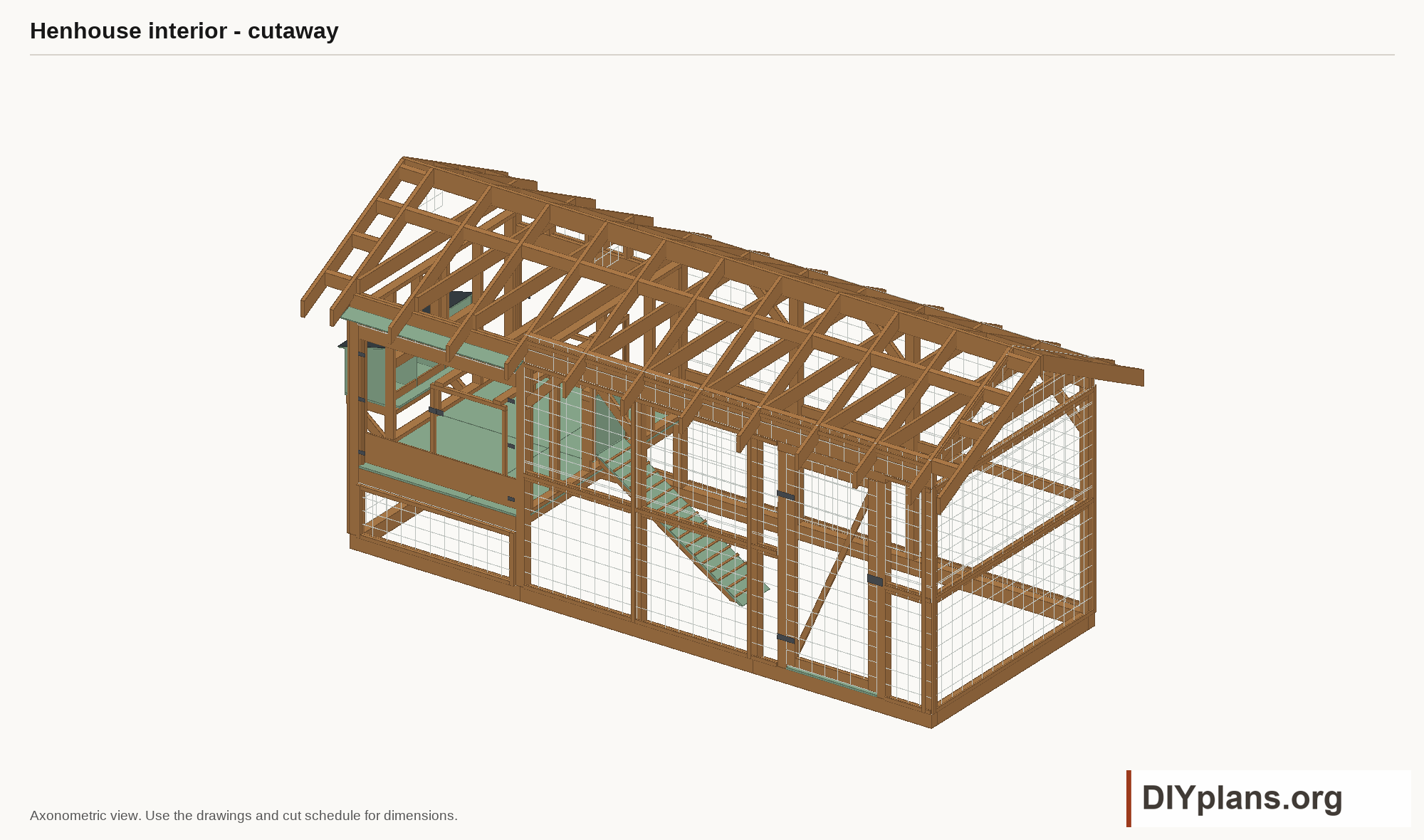 Henhouse interior with roof and side panels removed.