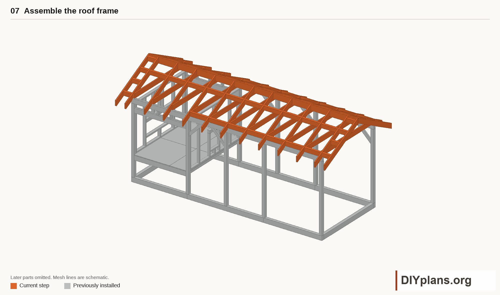 Install the rafters, horizontal ties, ridge board and roof blocking.