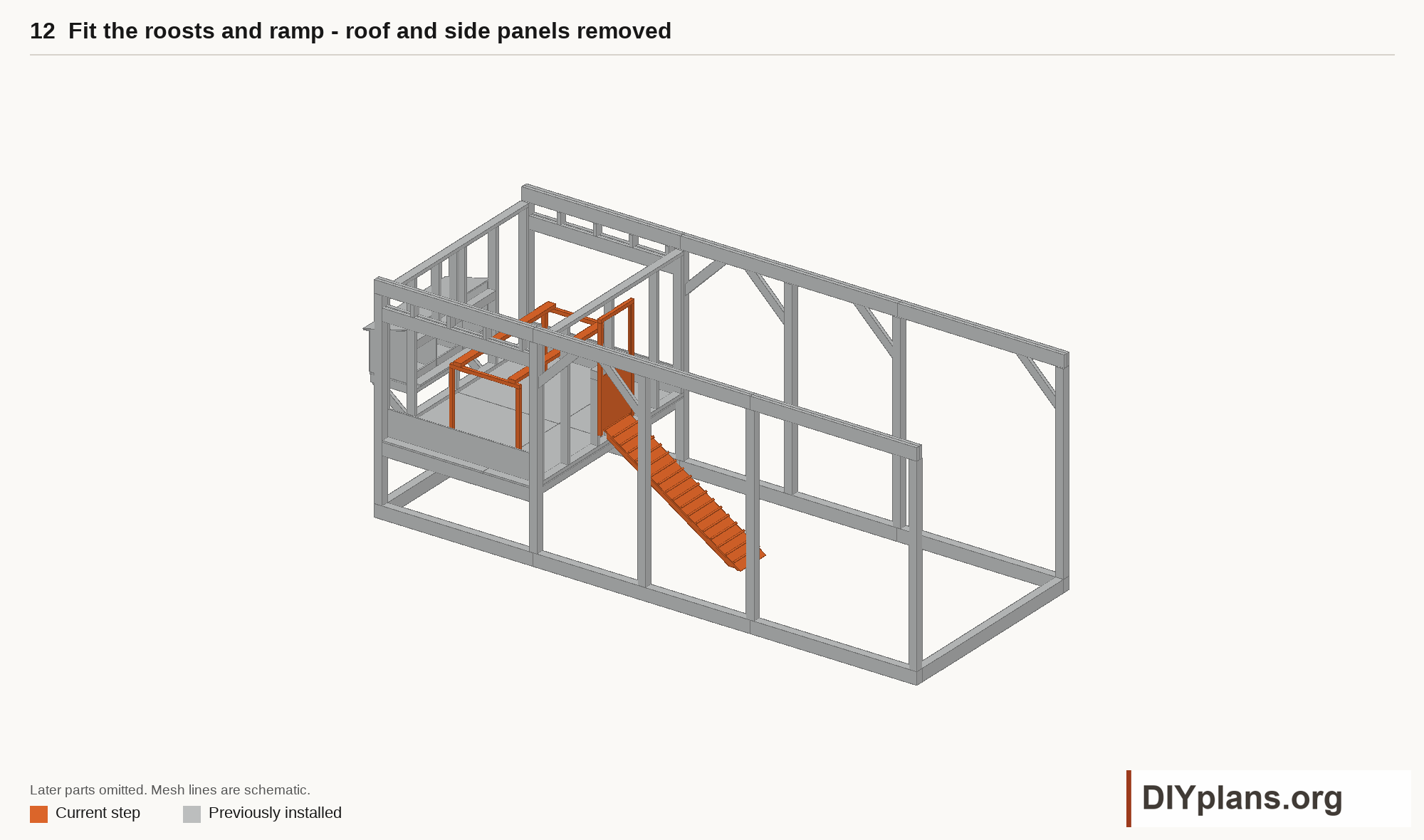 Fit the roosts, pop door and ramp; roof and side panels are omitted for clarity.