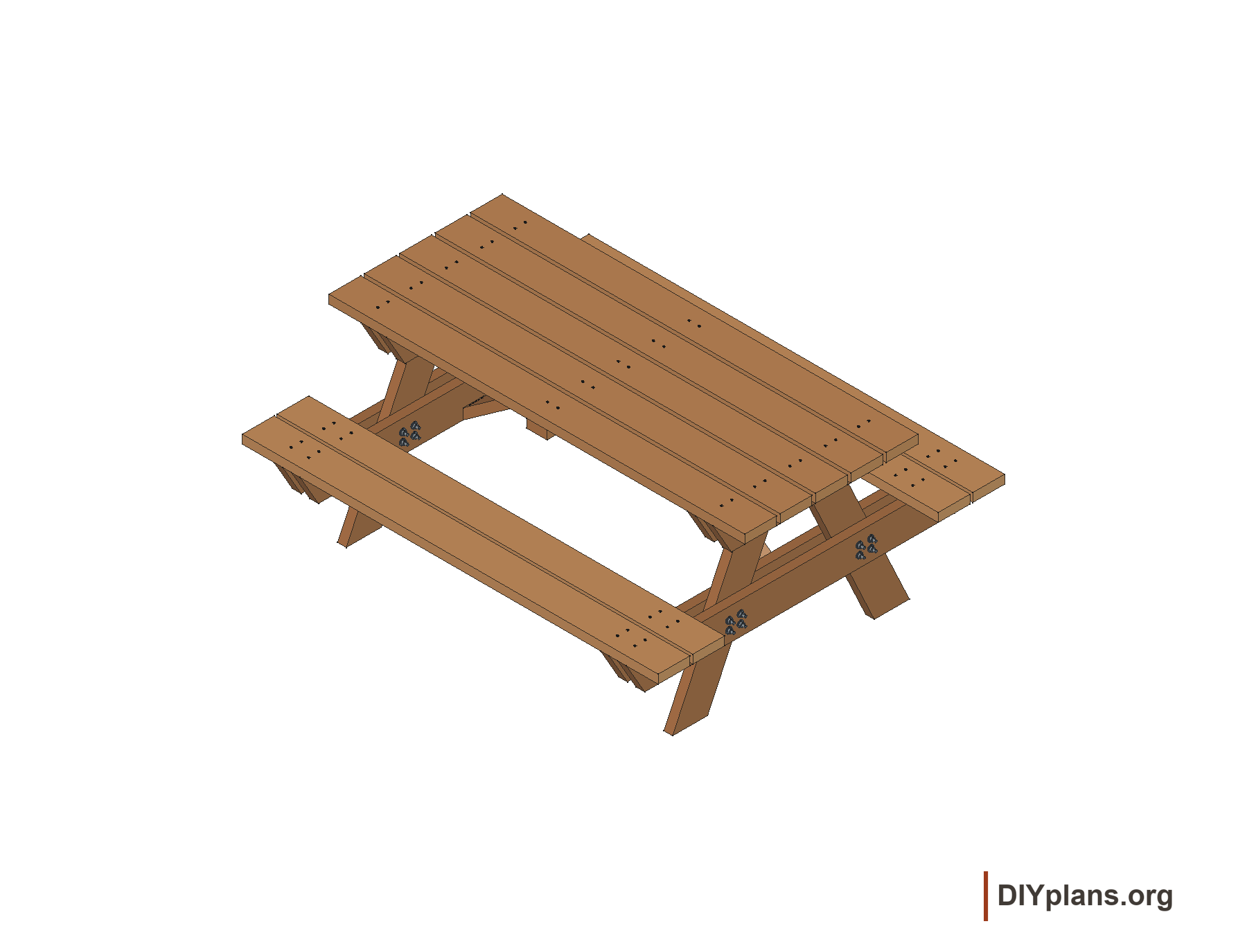 Six-foot wooden picnic table with five tabletop slats and two attached benches.