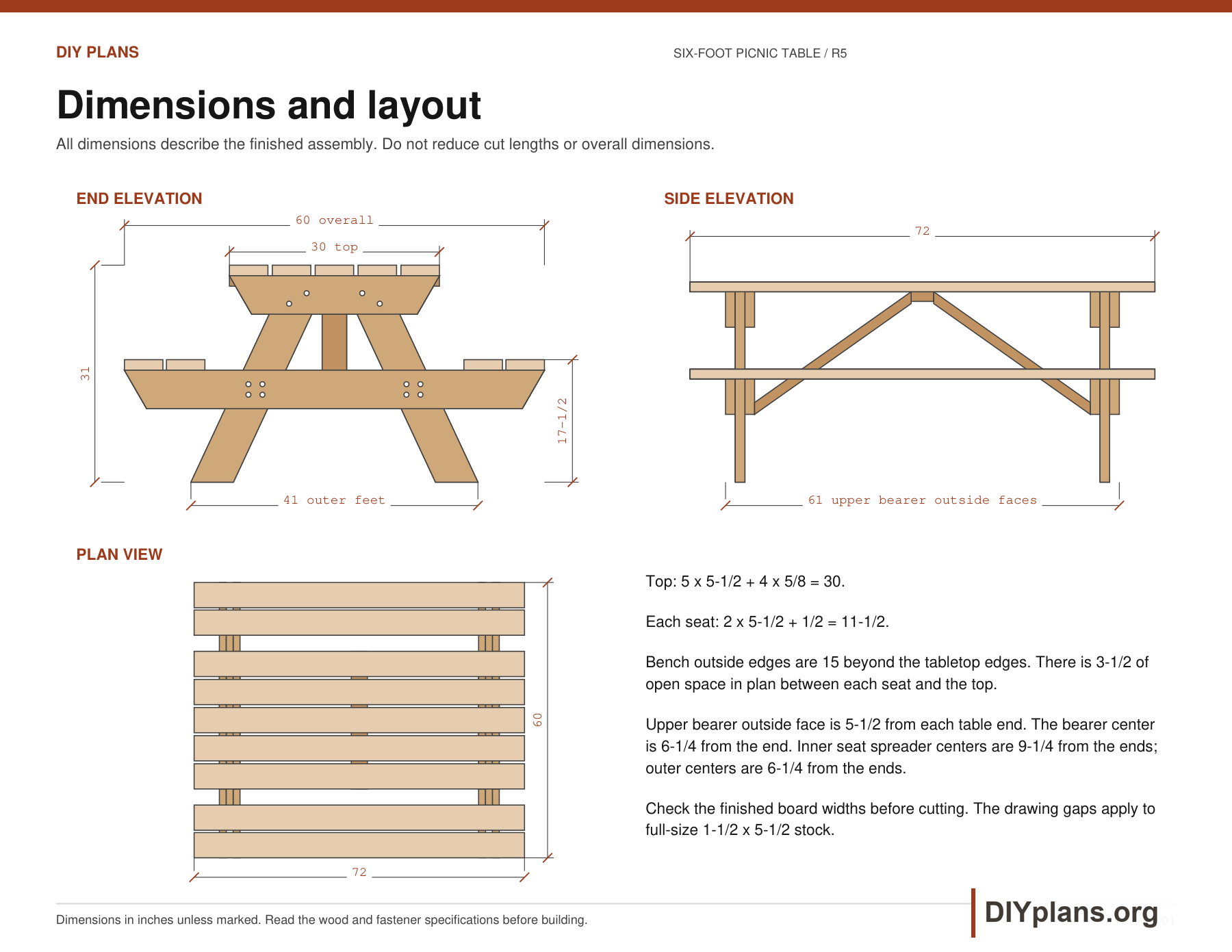 Dimensioned end, side and top views of the picnic table, including overall dimensions and board gaps.