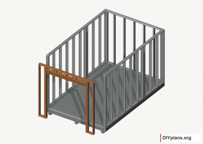Assemble and raise the front wall. Current components orange; earlier work gray. Movement.