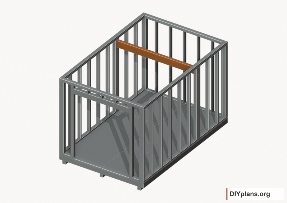 Seat the wall-supported loft beam. Current components orange; earlier work gray.