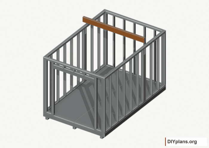 Seat the wall-supported loft beam. Current components orange; earlier work gray. Movement.