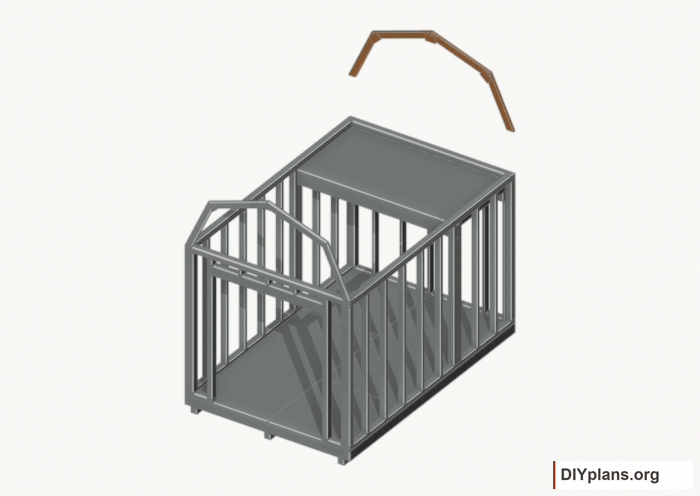 Raise the rear end roof frame. Current components orange; earlier work gray. Movement.