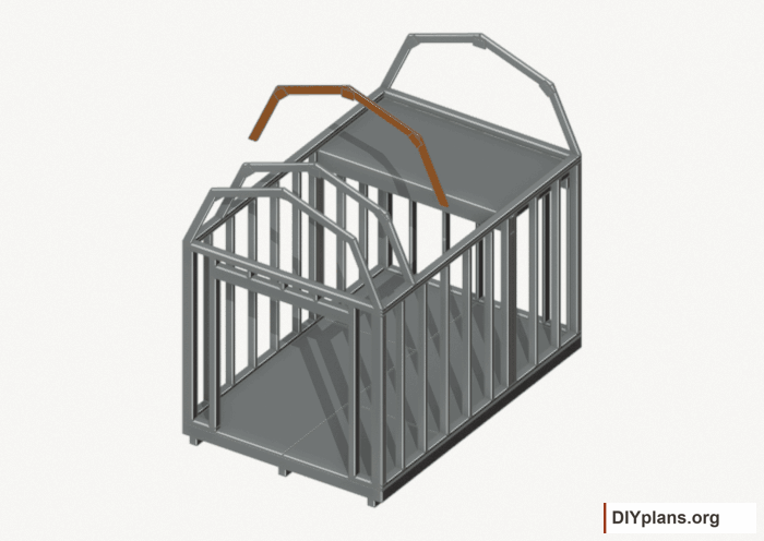 Raise the intermediate 2 roof frame. Current components orange; earlier work gray. Movement.