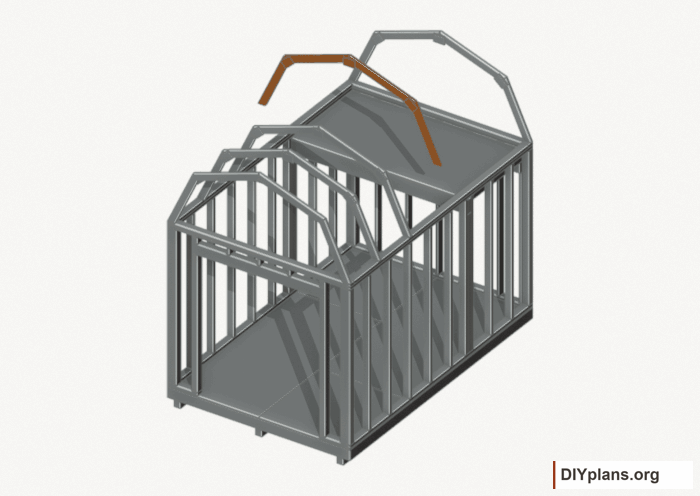 Raise the intermediate 3 roof frame. Current components orange; earlier work gray. Movement.