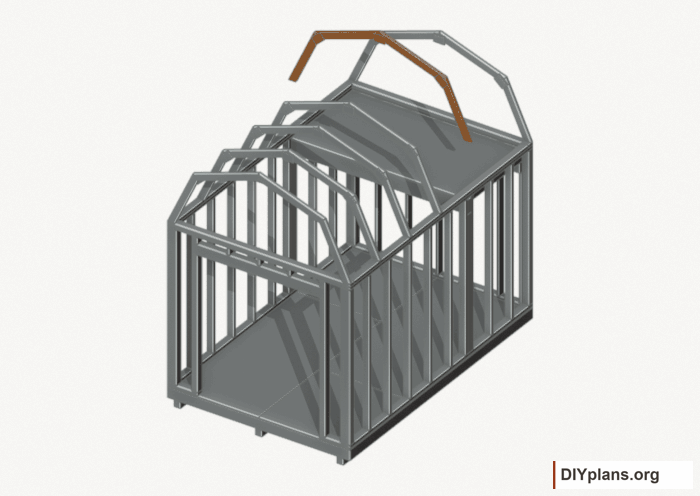 Raise the intermediate 4 roof frame. Current components orange; earlier work gray. Movement.