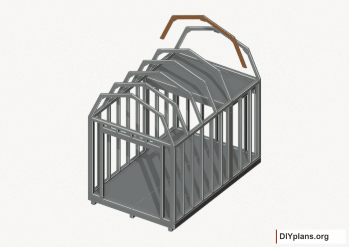 Raise the intermediate 5 roof frame. Current components orange; earlier work gray. Movement.
