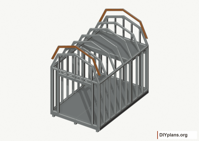 Fit the inner end rafters. Current components orange; earlier work gray. Movement.
