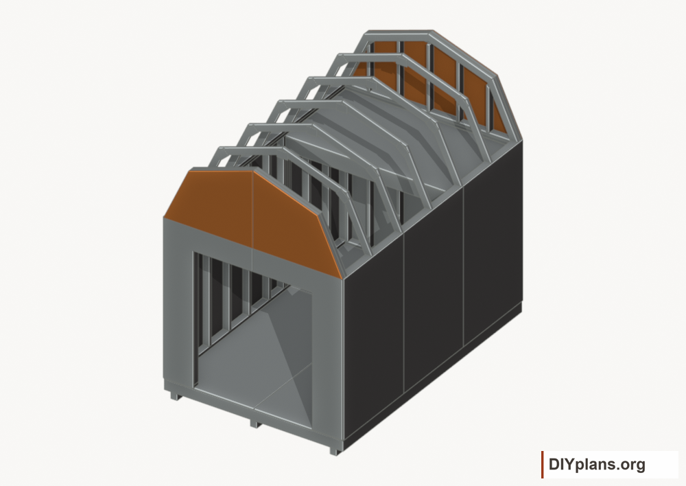 Fit the gable siding panels. Current components orange; earlier work gray.