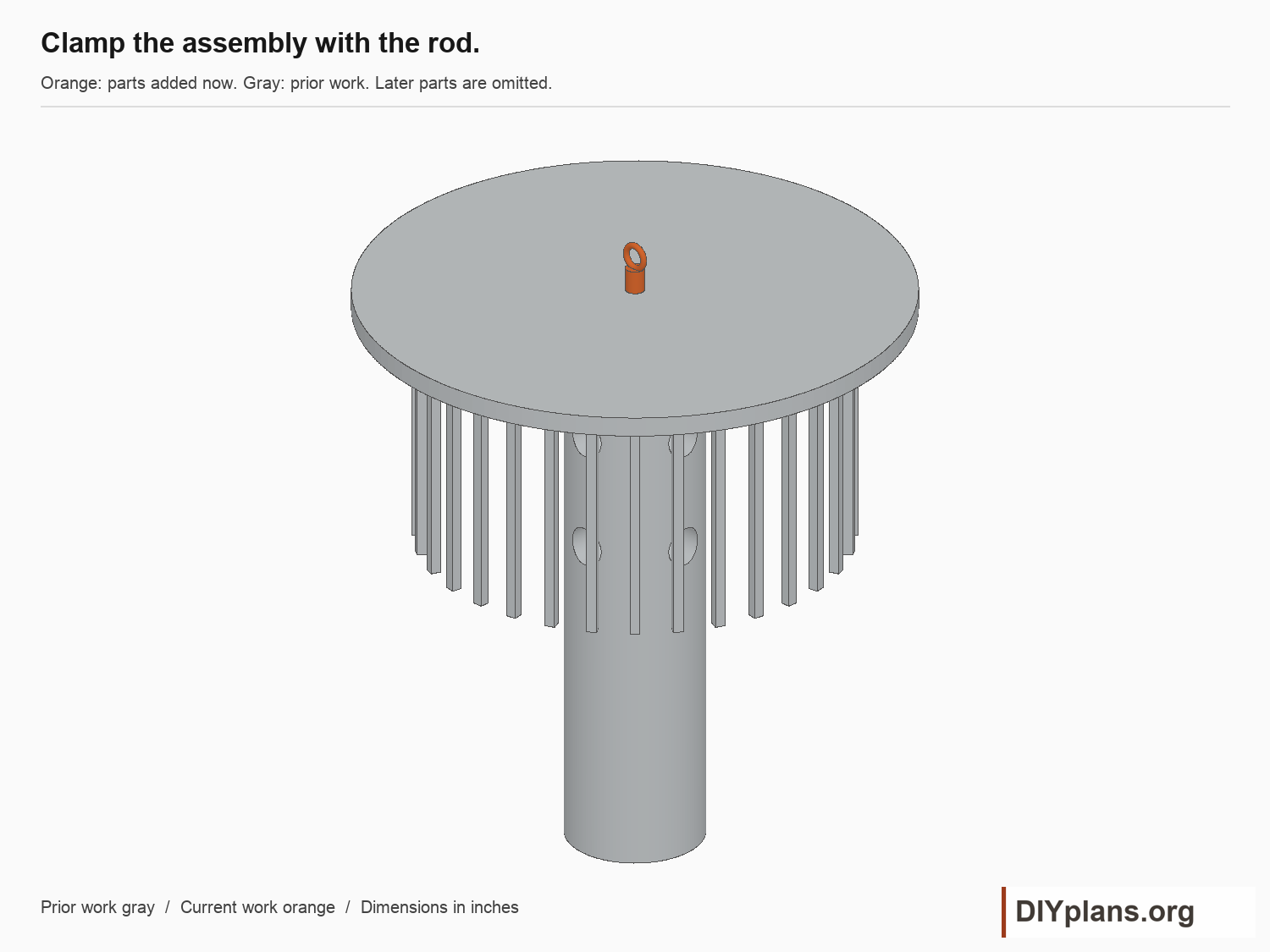Clamp the assembly with the rod. Current parts orange; prior parts gray.