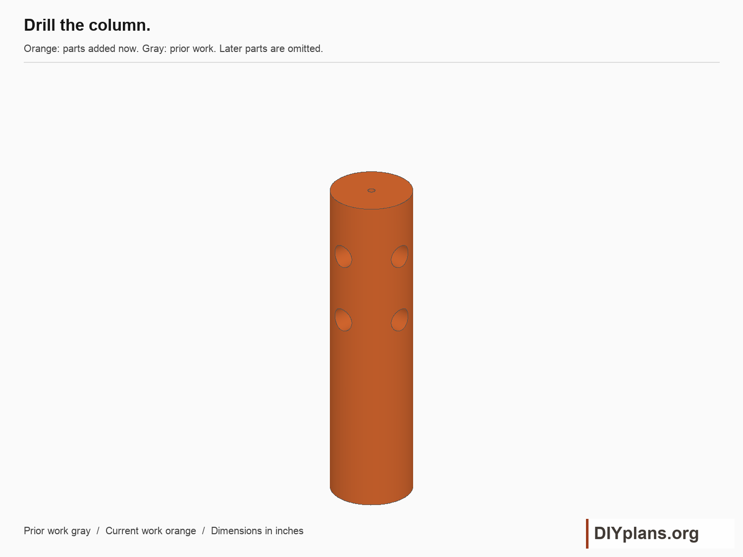 Drill the column. Current parts orange; prior parts gray.