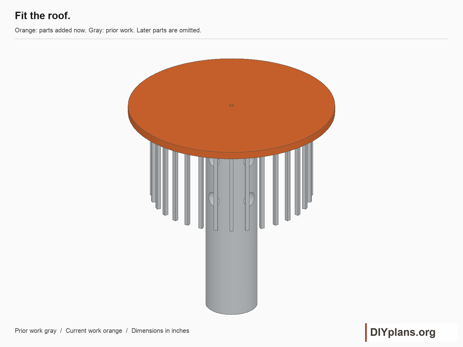 Fit the roof. Current parts orange; prior parts gray.