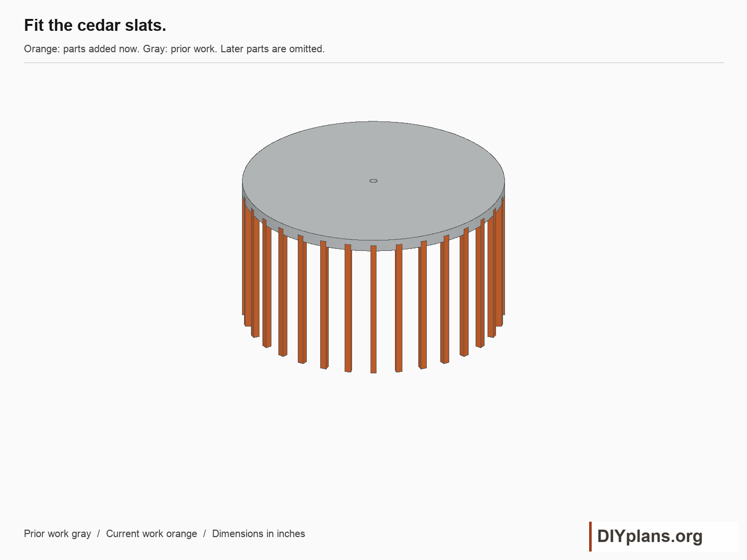 Fit the cedar slats. Current parts orange; prior parts gray.