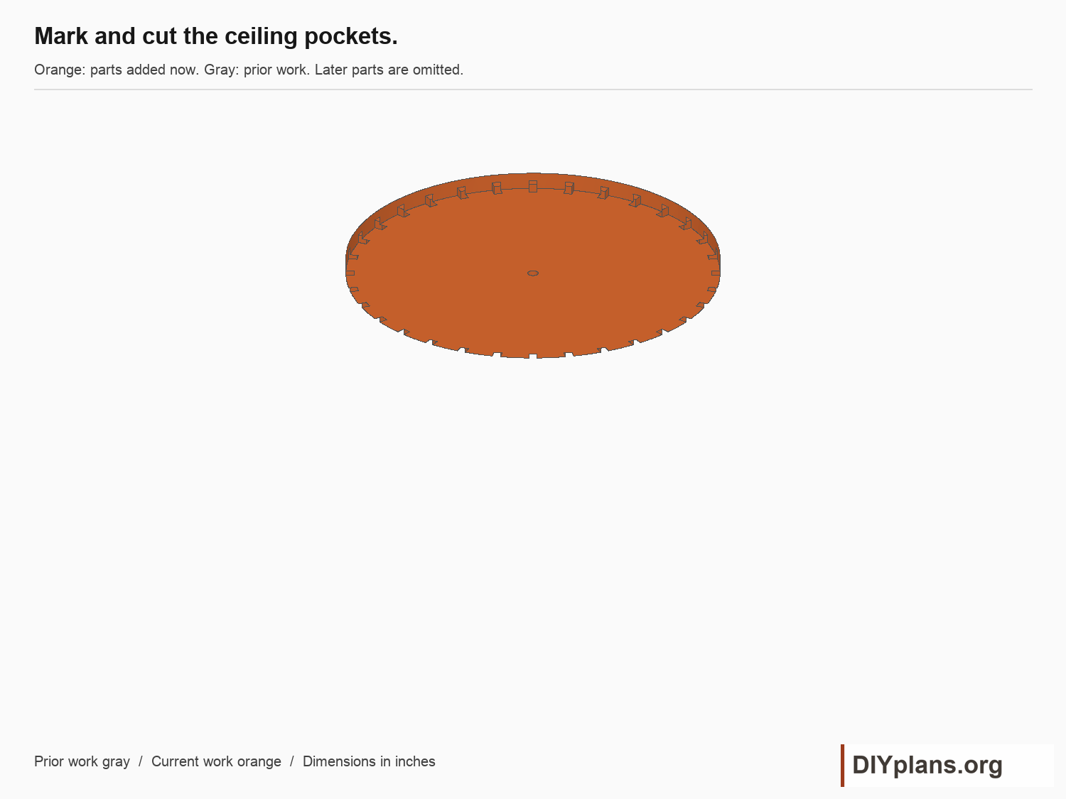 Mark and cut the ceiling pockets. Current parts orange; prior parts gray.