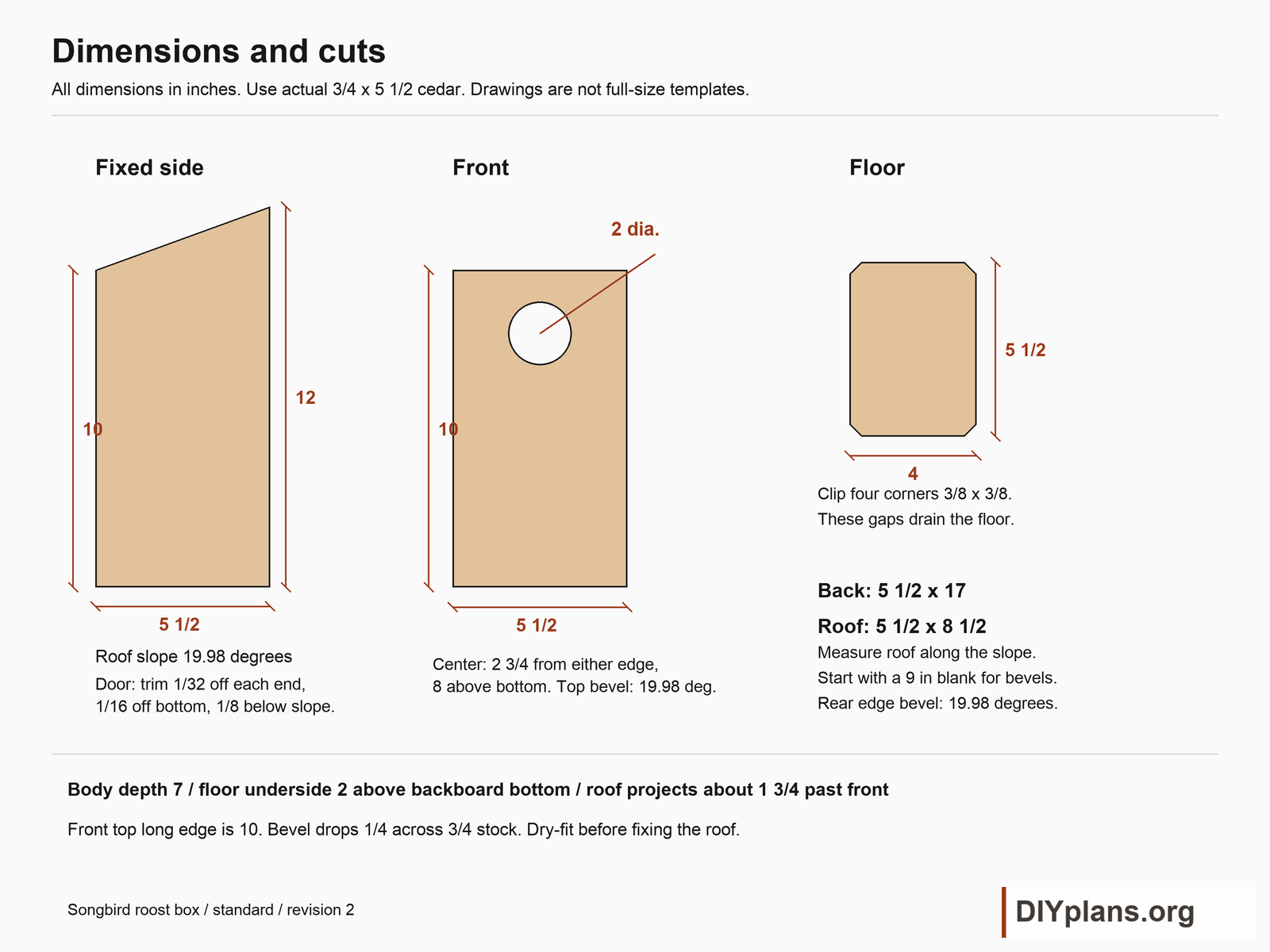 Dimensioned front, side and floor views plus roof and back cuts.