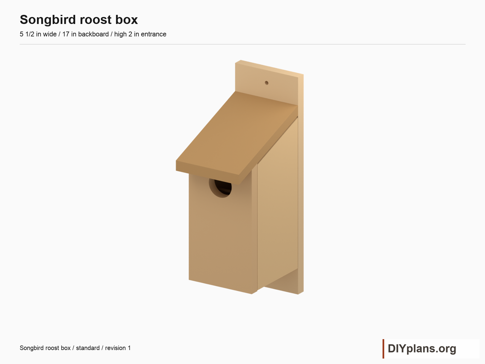 Assembled roost box showing the high entrance and opening side.