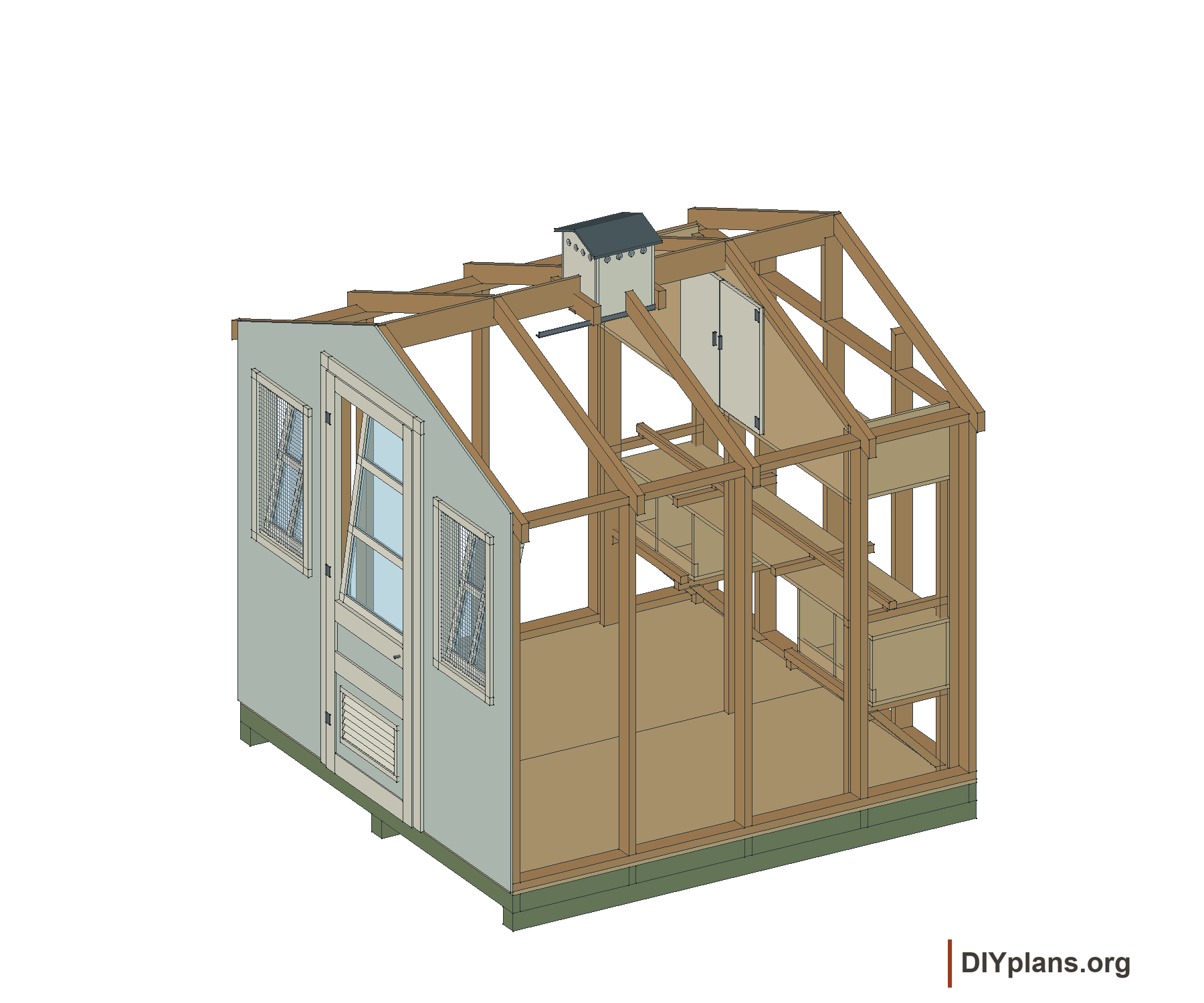 Hen house cutaway showing the framing and interior.