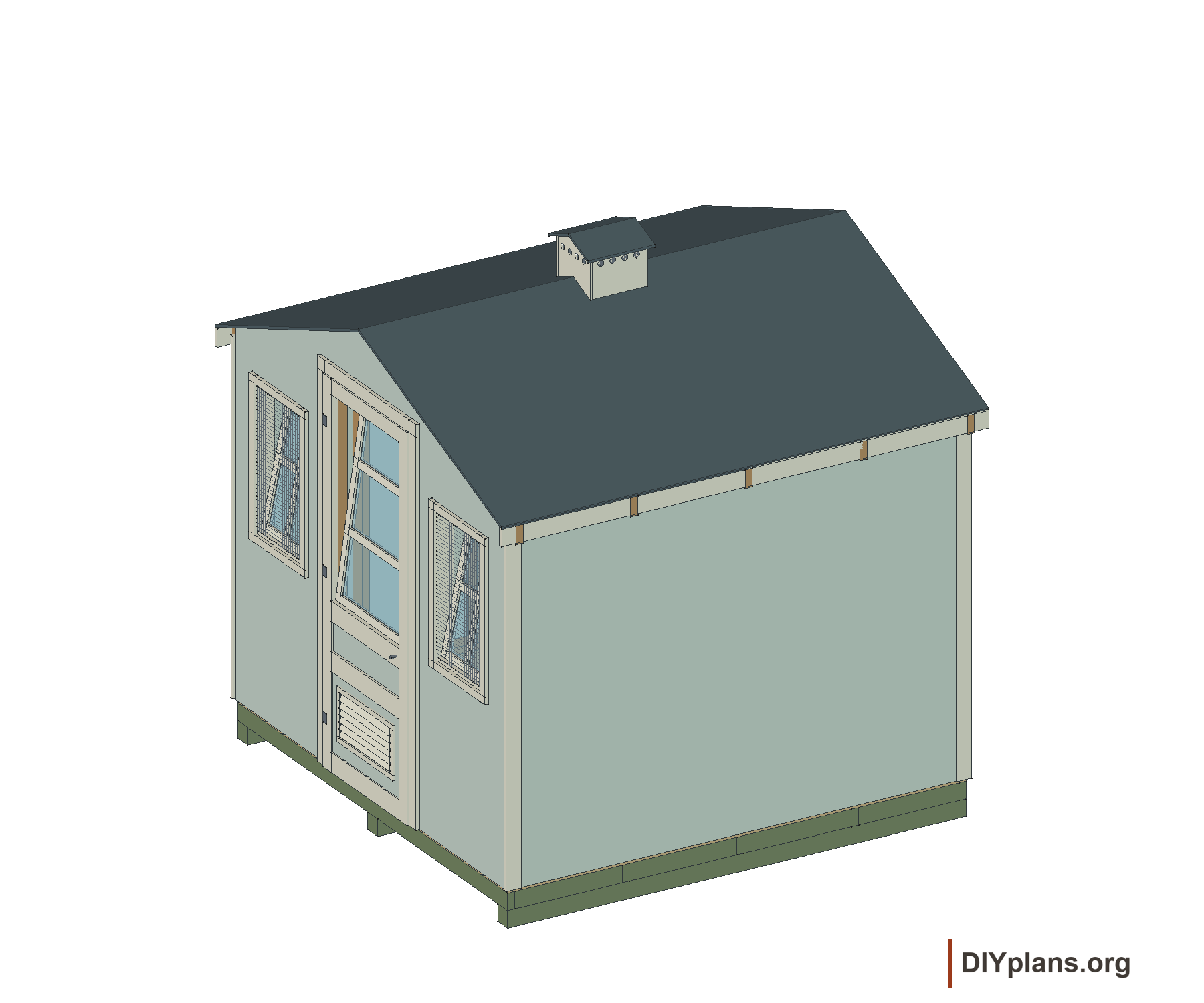 8×8-foot house with two front windows, central ventilated door and roof cupola.