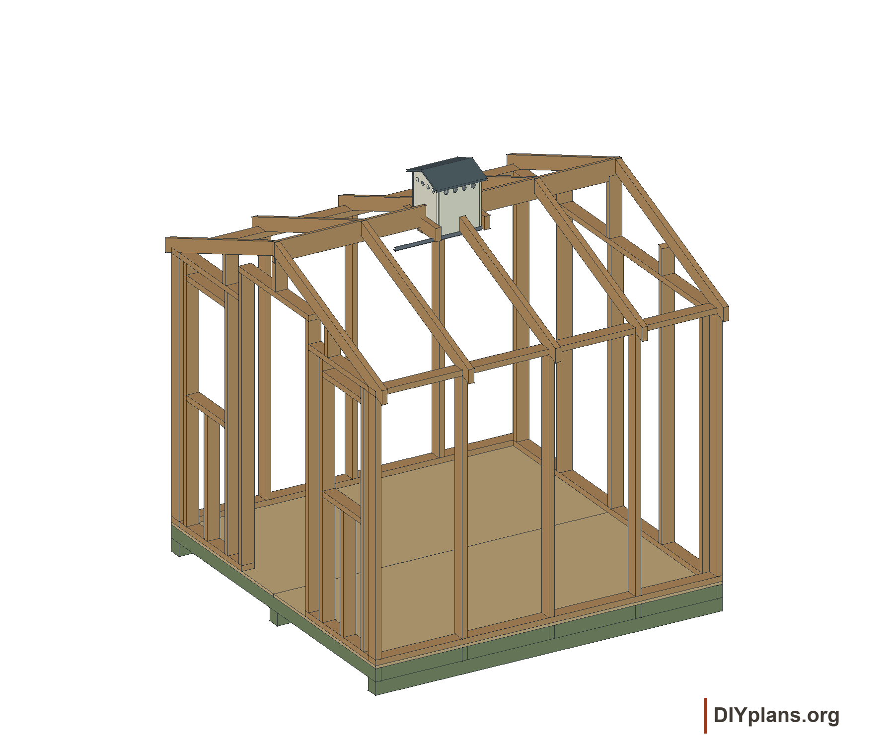 Timber floor, wall and roof framing of the 8×8-foot house.