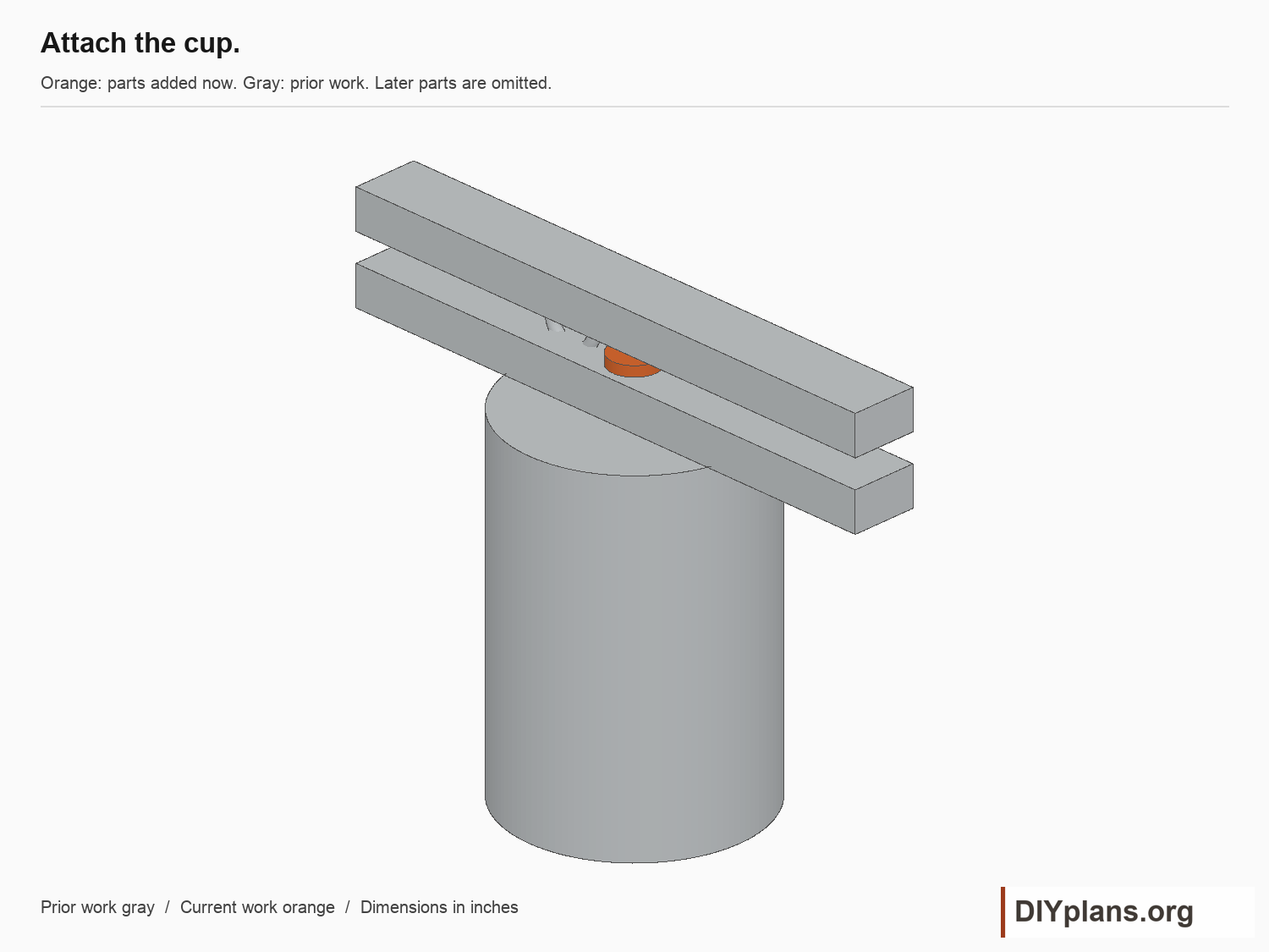 Attach the cup. Current parts orange; prior parts gray.