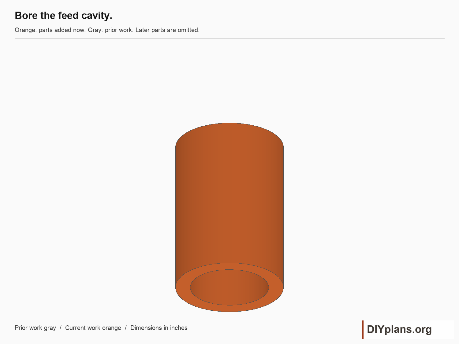 Bore the feed cavity. Current parts orange; prior parts gray.