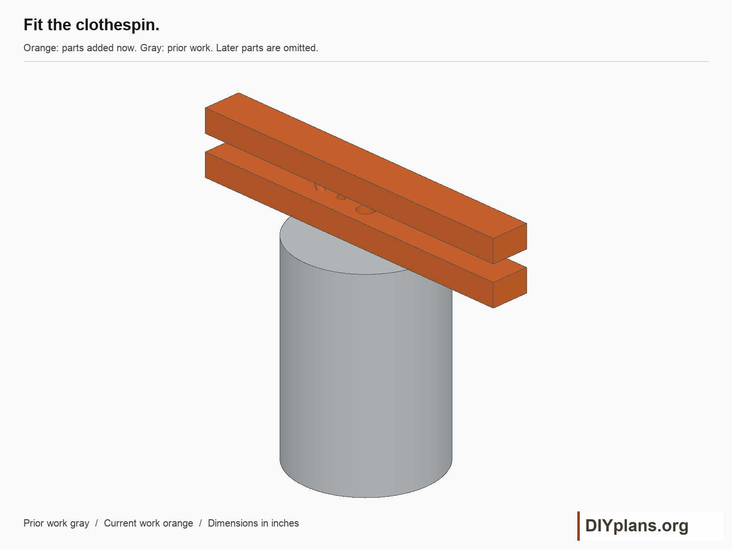 Fit the clothespin. Current parts orange; prior parts gray.