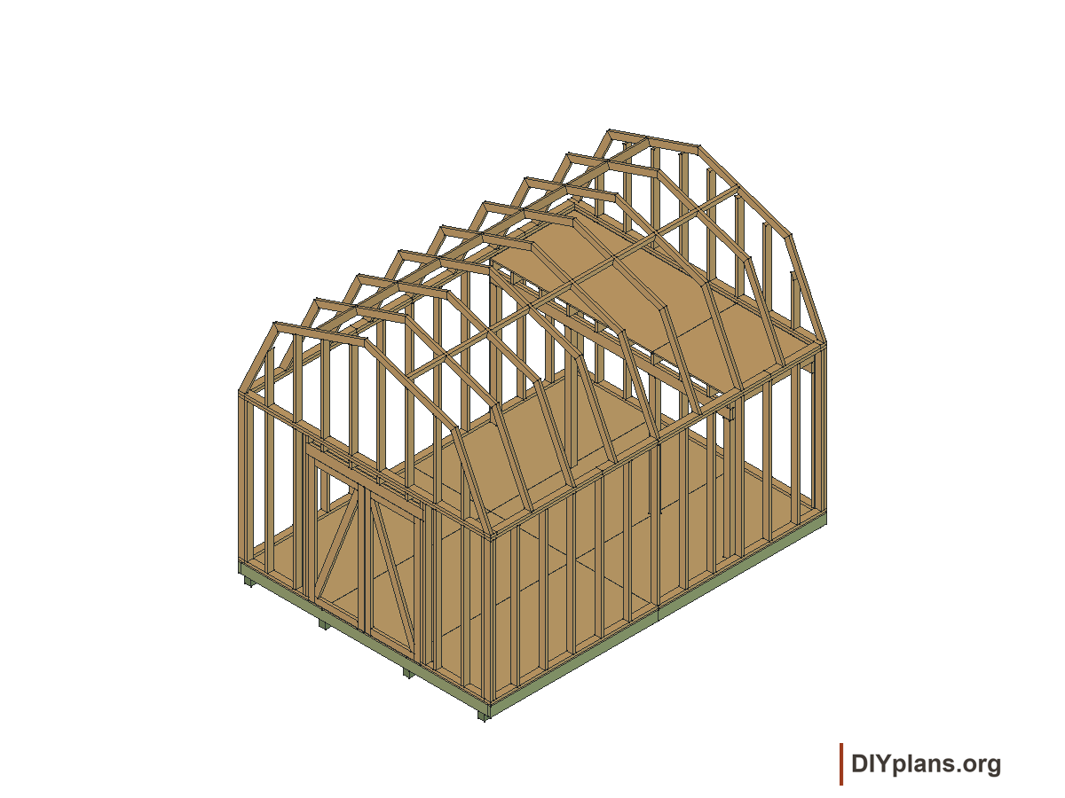 12 by 16 foot gambrel shed, framing and loft